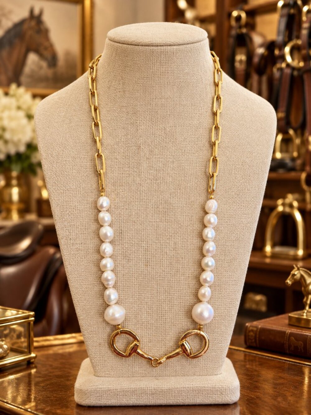 Gold Snaffle Bit Necklace with Pearls, Equestrian Statement Necklace